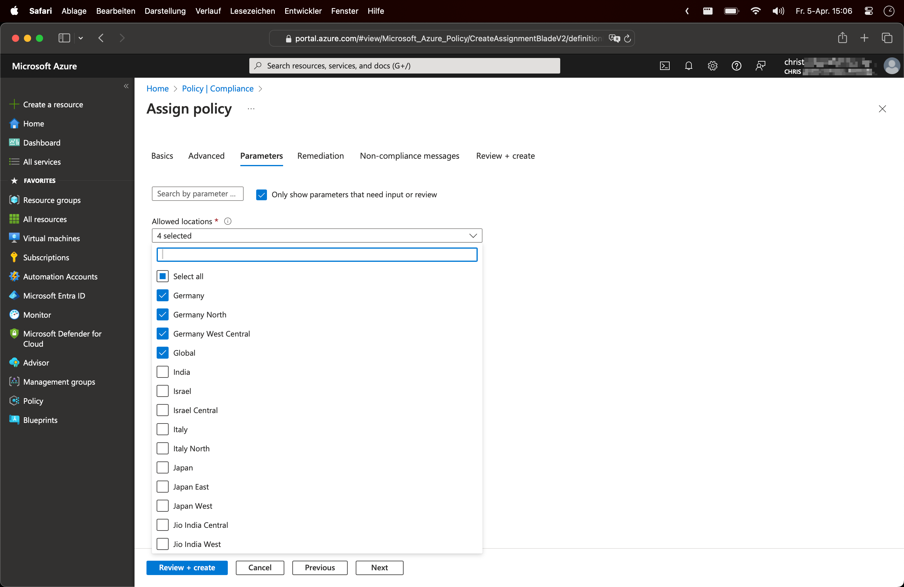 Azure Policy Parameter Screenshot