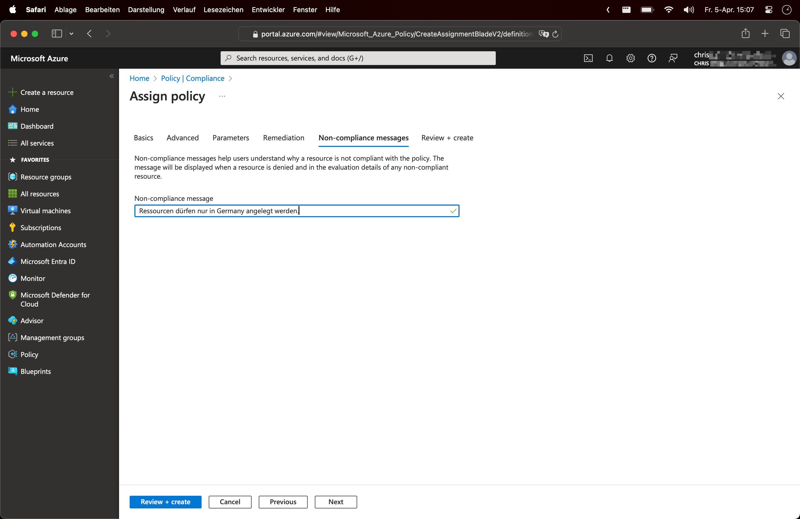 Azure Policy Non Compliance Message