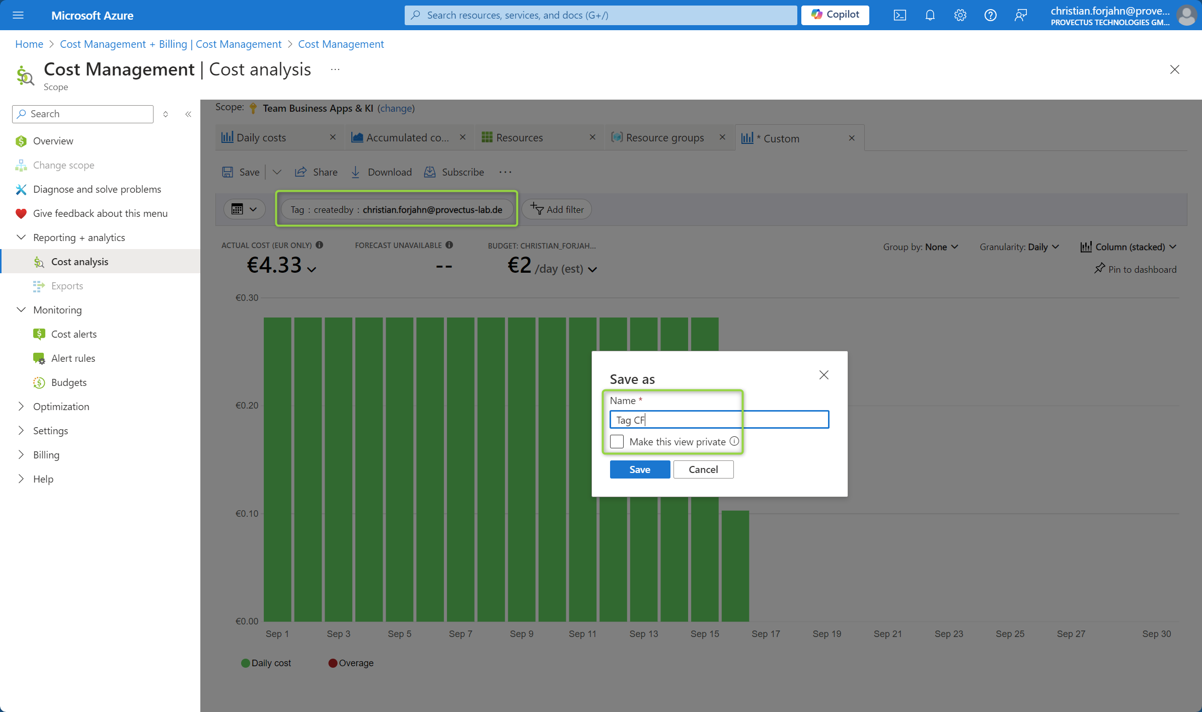 Filter the costs based on Tags and save the custom view