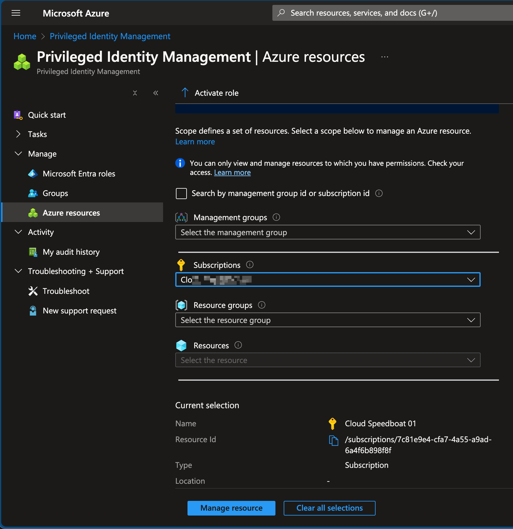 Search for PIM in the Azure Protal and choose the Scope under Azure Resources