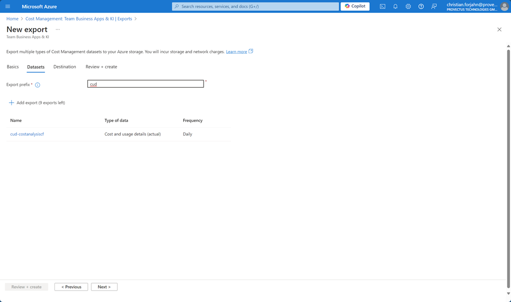 Export settings for Azure storage account