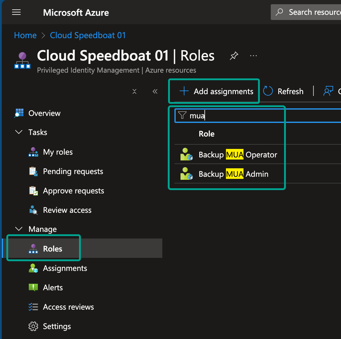 Choose "Manage Roles" in the Azure Portal and filter for "mua"