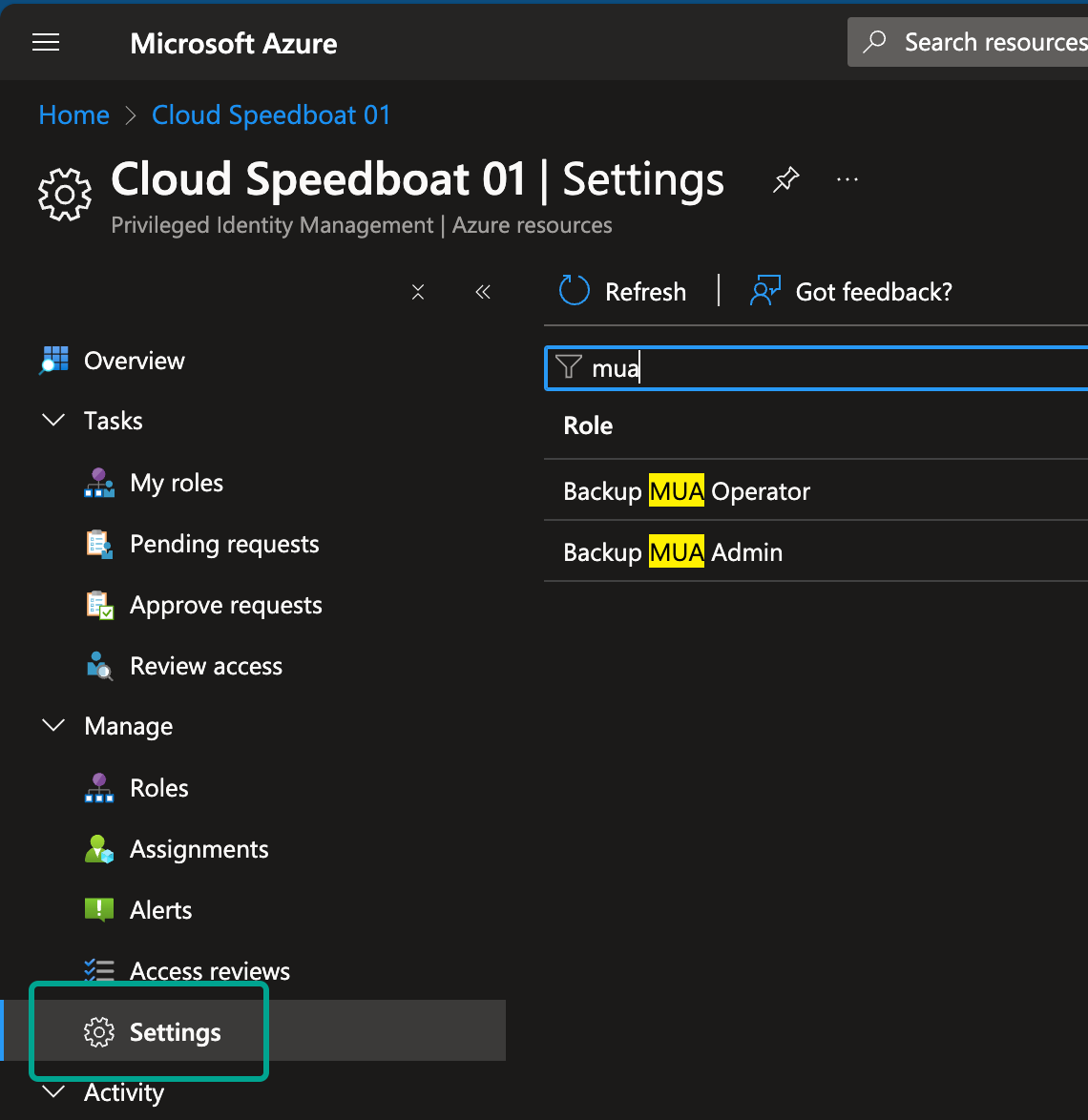 Select settings and filter for your role