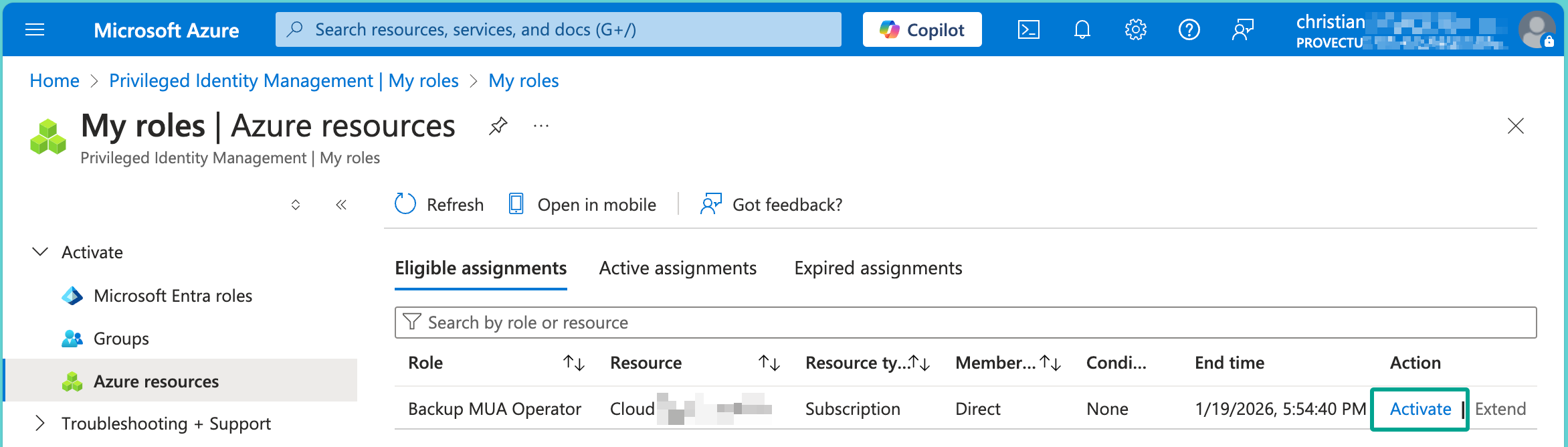 CActivate the Azure role through the Portal