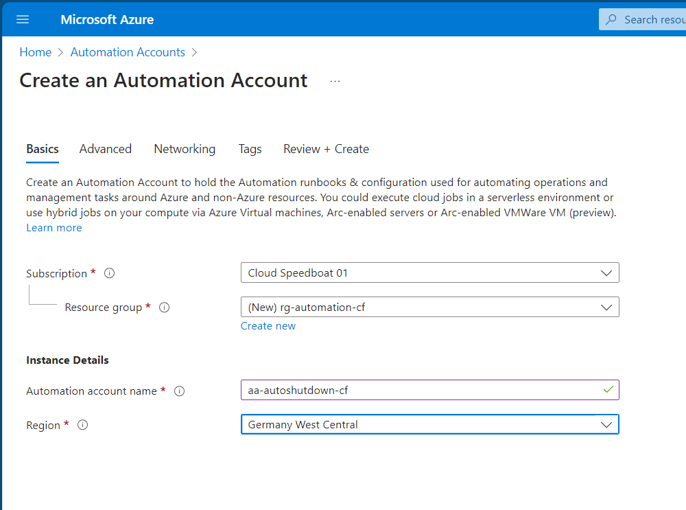 Create an Azure Automation Account