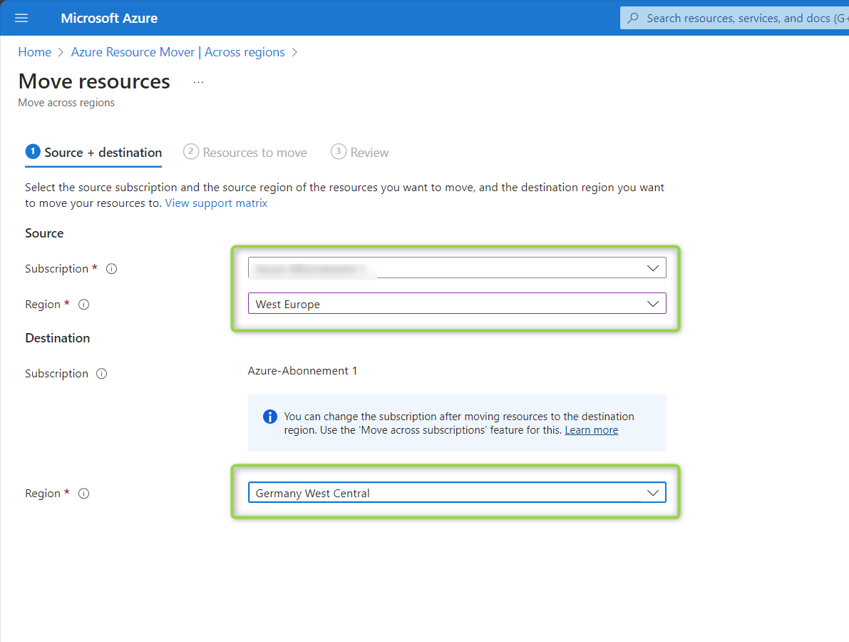 Select source and target region