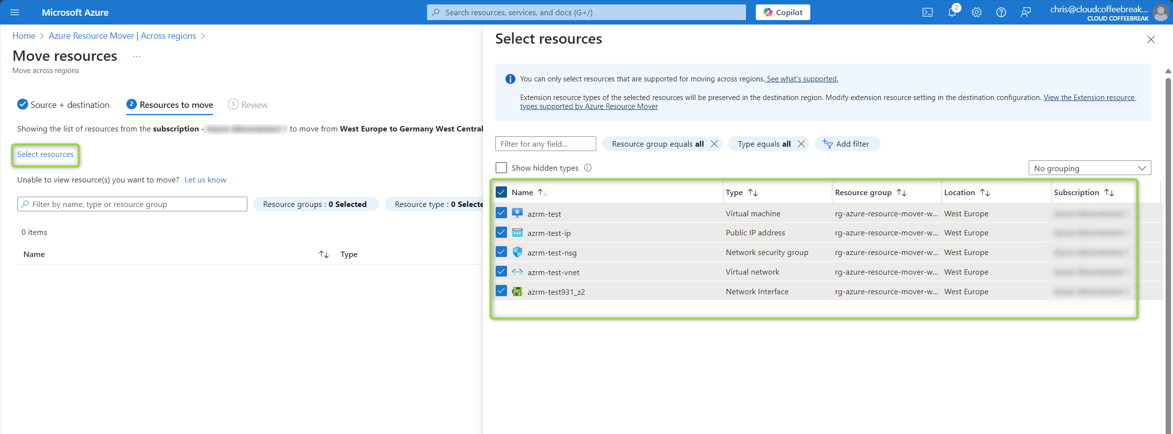 Select the resources that you want to move