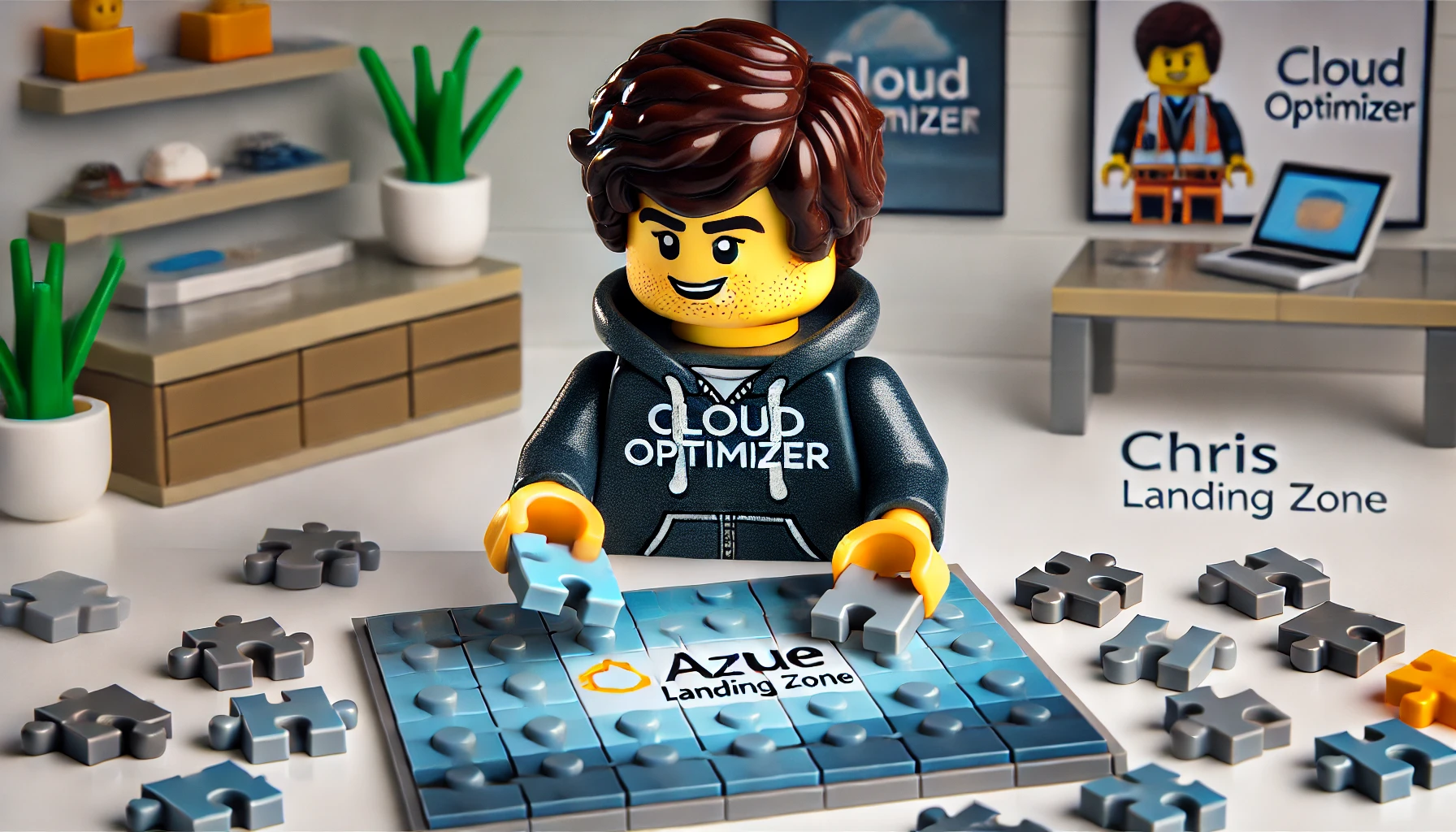 LEGO Chris working on an "Azure Landing Zone" puzzle in a modern office setting