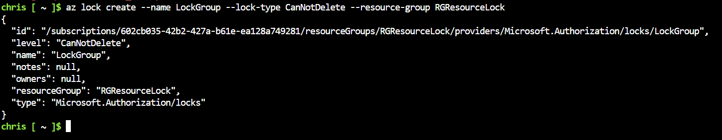 Creating resource lock using Azure CLI