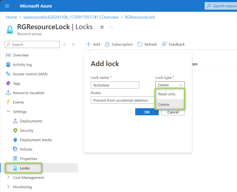 Creating resource lock using Azure Portal