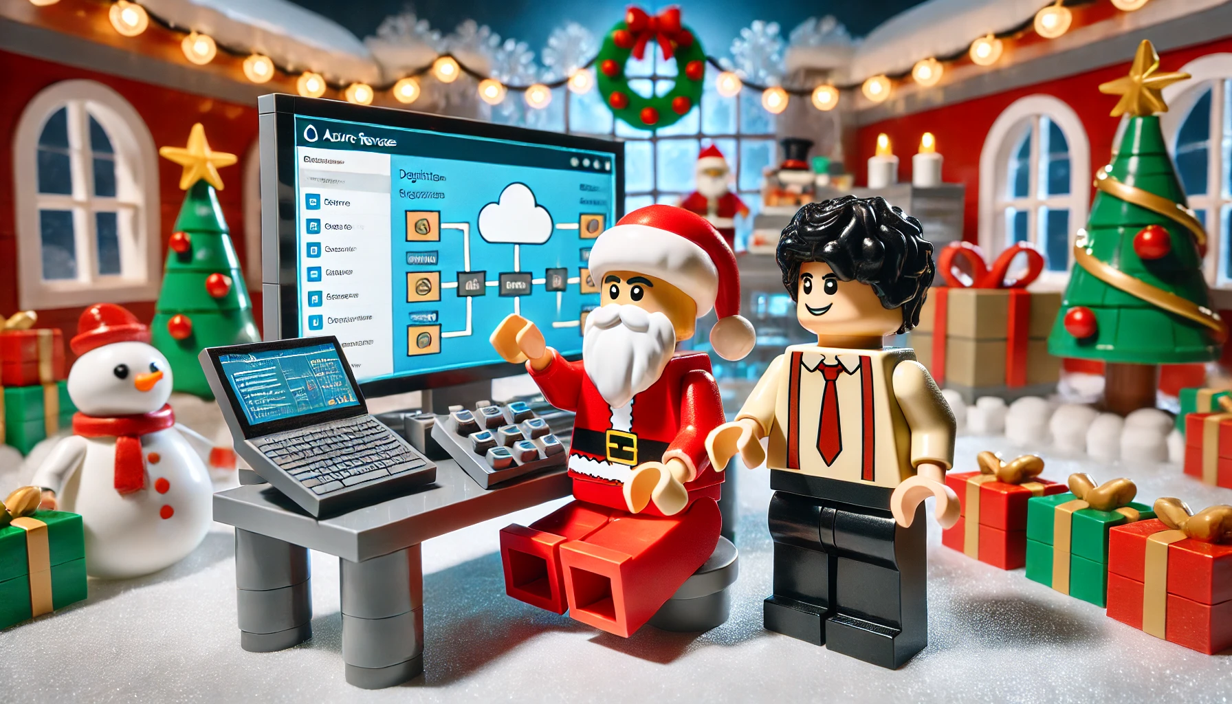 Lego-style image of me assisting Santa with his digitization using Azure services and ExpressRoute in a festive and tech-savvy setting